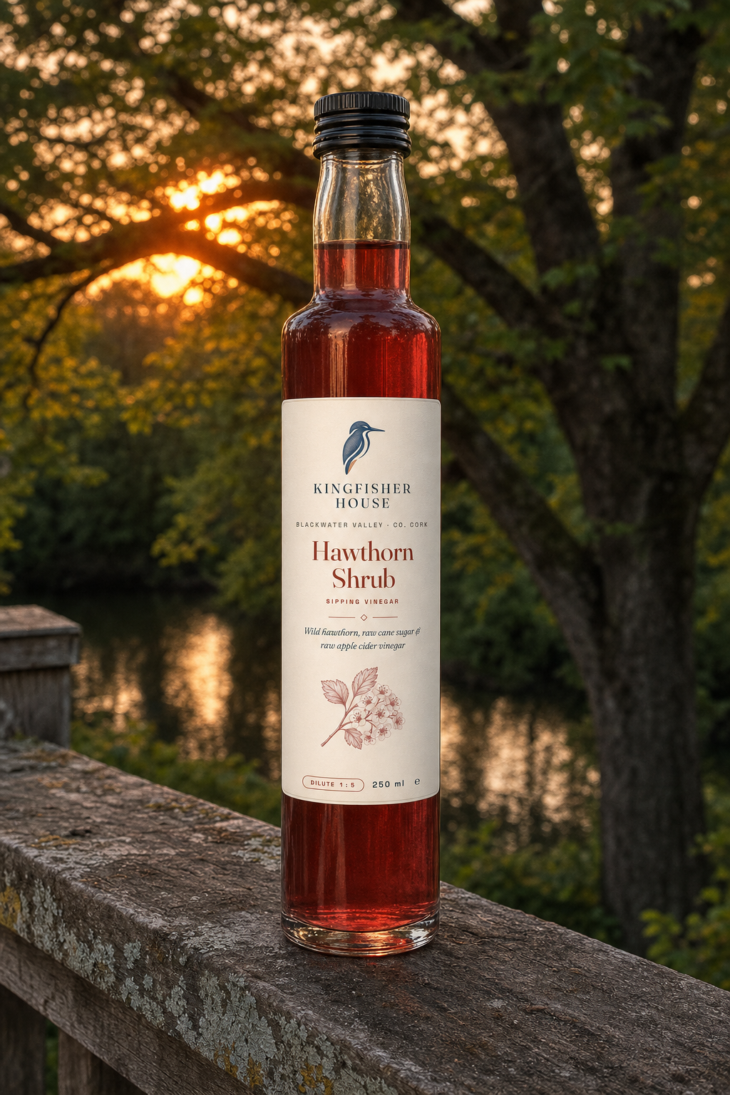 Hawthorn Shrub bottle by the Blackwater at dusk