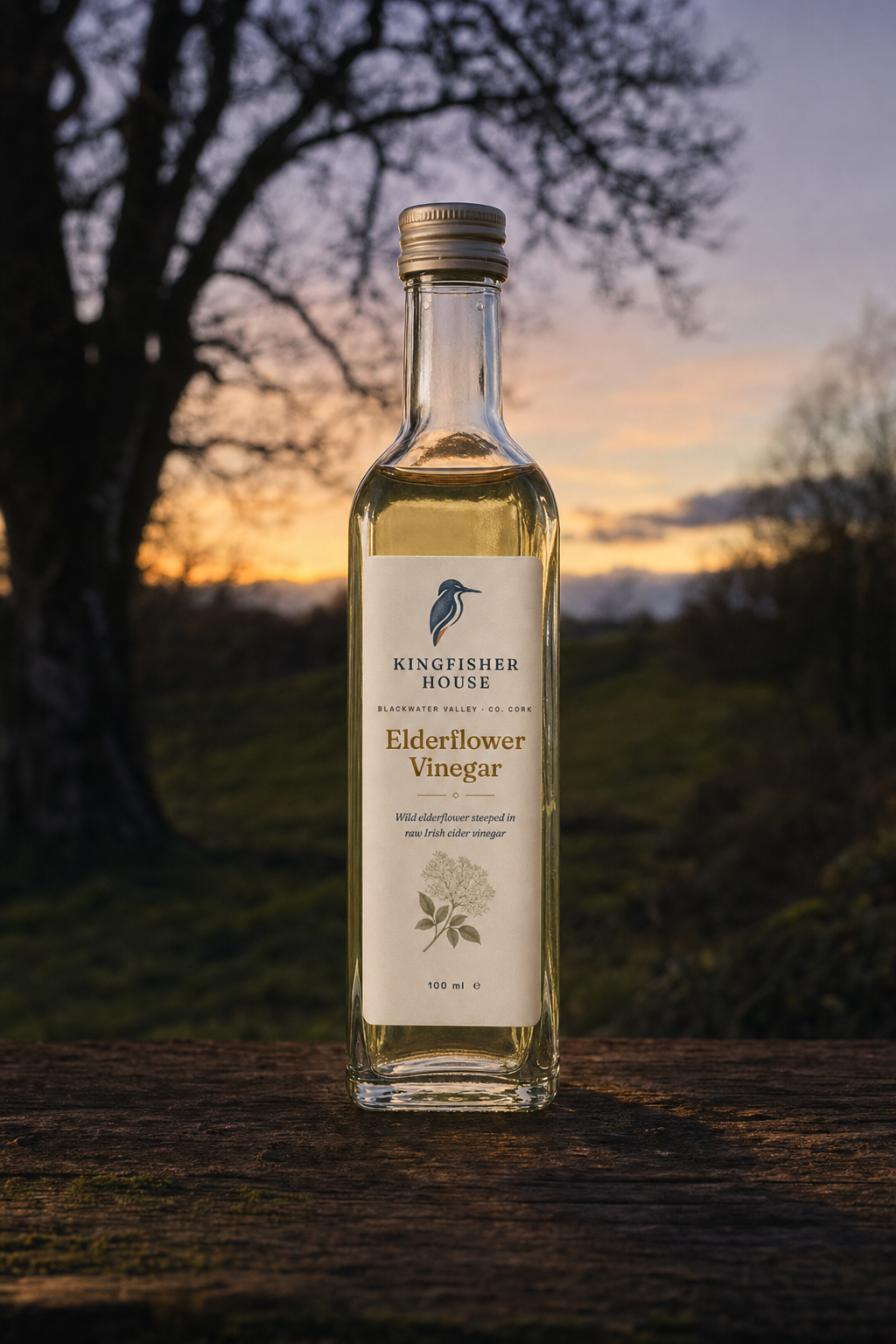 Elderflower Vinegar bottle at dusk under a bare tree