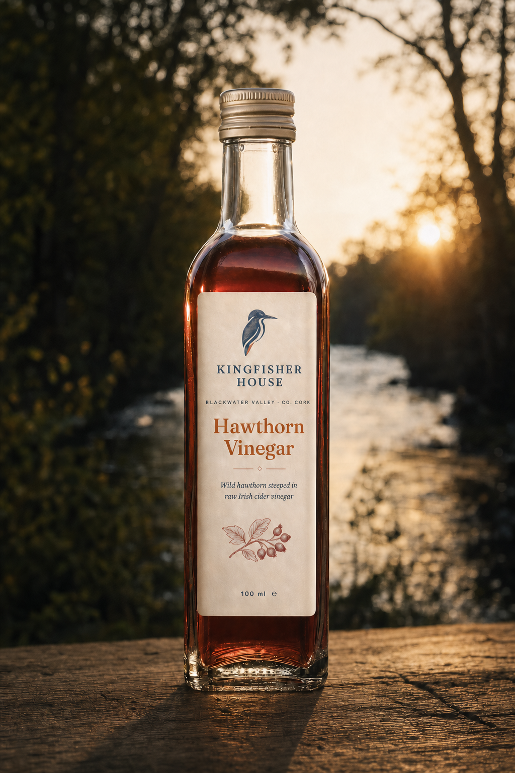 Hawthorn Vinegar bottle on the banks of the Blackwater at dusk